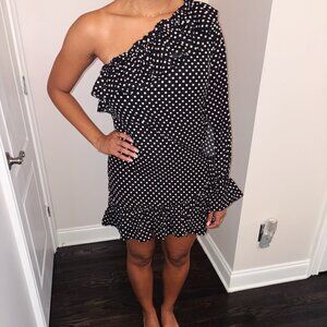 Nasty Gal One Shoulder Black and White Polka Dot Ruffle Mini Dress